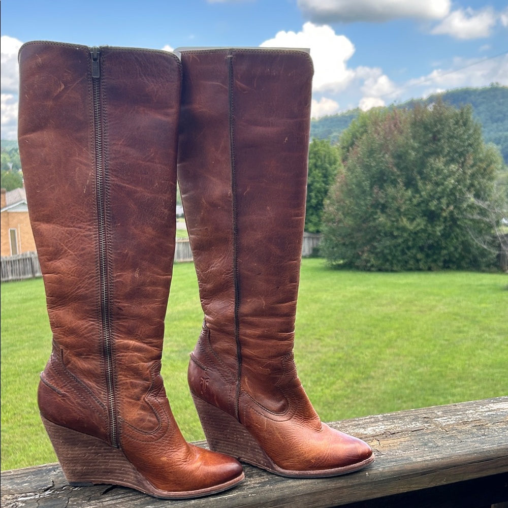 FRYE AND CO. Brown Leather Knee-High Wedges